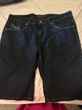 Dark Blue Women's Denim Jean Shorts with Embellished Pocket